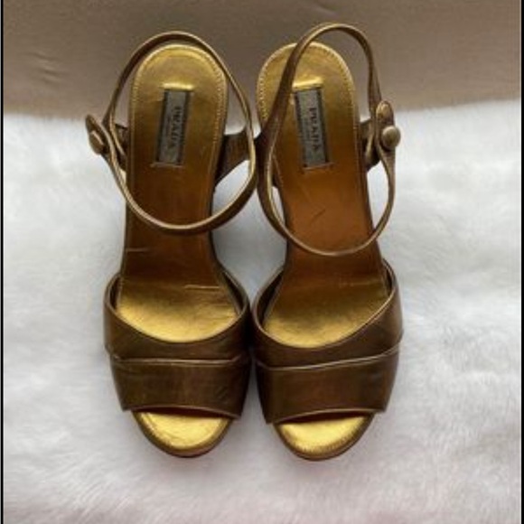 Authentic Prada Gold/Bronze Metallic Wooden Wedge Heels Sandals 36.5 / 6 - Picture 2 of 5